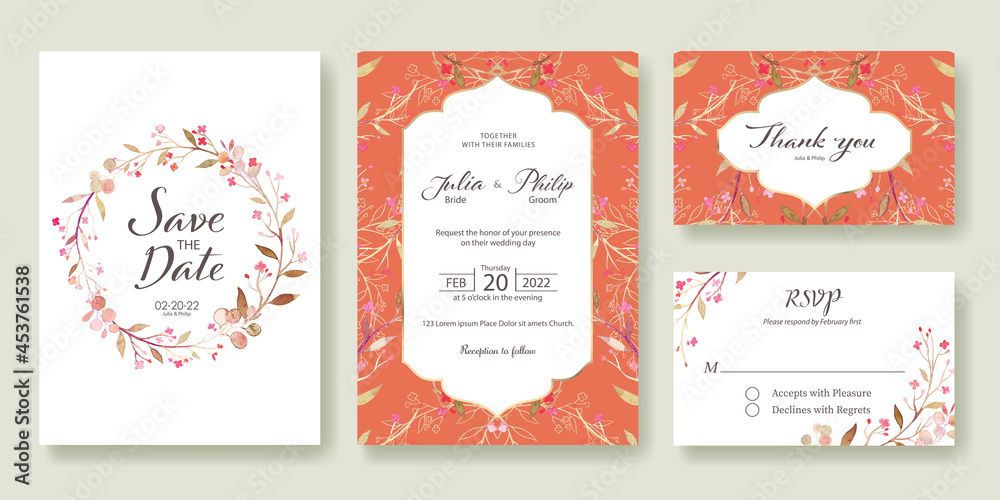 Wedding Invitation, save the date, thank you, rsvp card Design template. Vector. Summer vintage  pink flower.