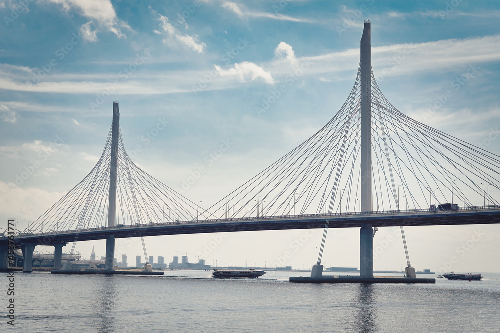 Naklejka premium Cable-stayed bridge over the Petrovsky fairway in St. Petersburg