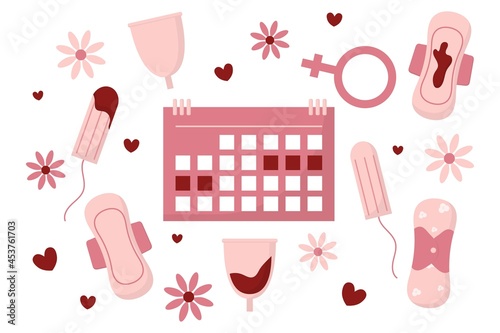 Female menstruation. Women with period and hygiene product tampon, sanitary pads and menstrual cup. Menstruation period, menstrual accessory tampon illustration.