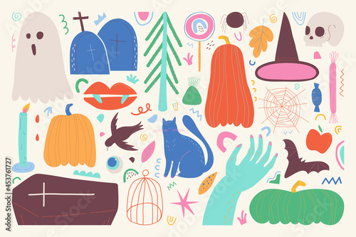 Vector Halloween clipart set, hand drawn colorful illustration for decoration