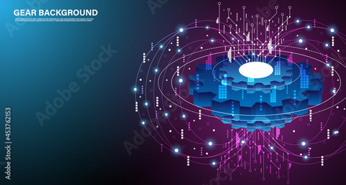 Mechanical technology Gears. Abstract vector  3d modern illustration on blue - dark purple background. Mechanical technology machine engineering symbol. EP.5