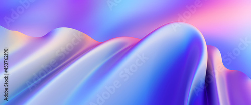Cloth fabric gradient waves abstract background. Iridescent chrome wavy surface. Liquid surface, ripples, reflections. 3d render illustration. 