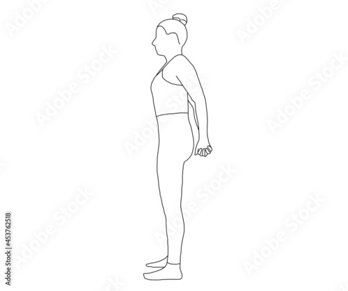 yoga, standing shoulder stretch, hands behind back interlaced fingers, chest opening