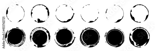 Circles of brush paint set, paintbrush scratch texture of round shape, ink smear splash