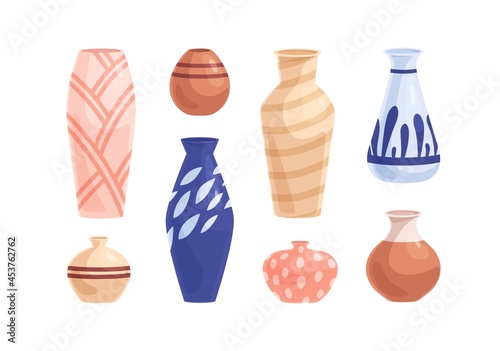 Pottery and earthenware set. Crockery objects of different shapes, sizes and colors. Modern ceramic, clay and porcelain vases and pots collection. Flat vector illustration isolated on white background