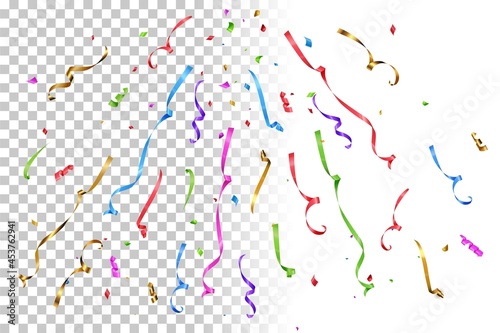 Different color serpentine confetti at party on transparent background. Yellow, red, green and blue burst of lines in vector illustration. Bright wallpaper design. Christmas or holiday card elements