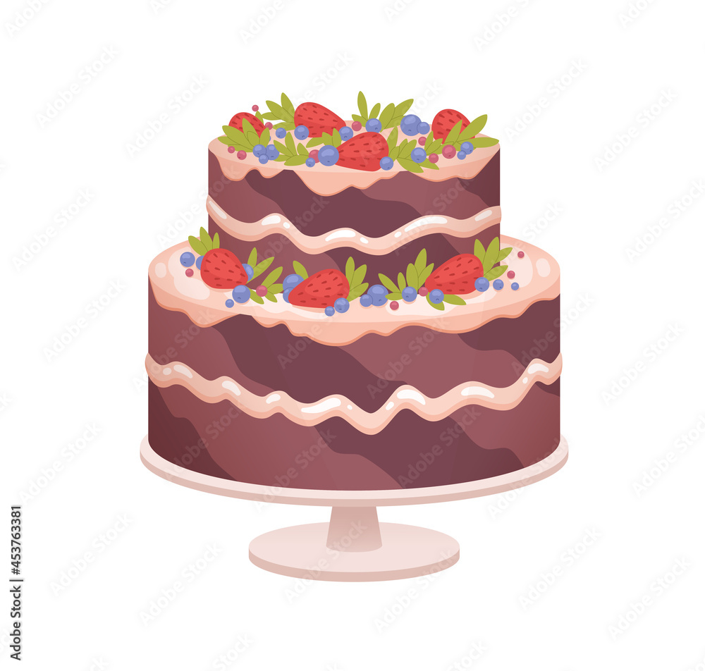 Chocolate sponge cake on plate for birthday or wedding anniversary party. Layered sweet dessert decorated with cream and berries, strawberries. Flat vector illustration isolated on white background Chocolate sponge cake on plate for birthday or wedding anniversary party. Layered sweet dessert decorated with cream and berries, strawberries. Flat vector illustration isolated on white background