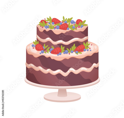 Chocolate sponge cake on plate for birthday or wedding anniversary party. Layered sweet dessert decorated with cream and berries, strawberries. Flat vector illustration isolated on white background