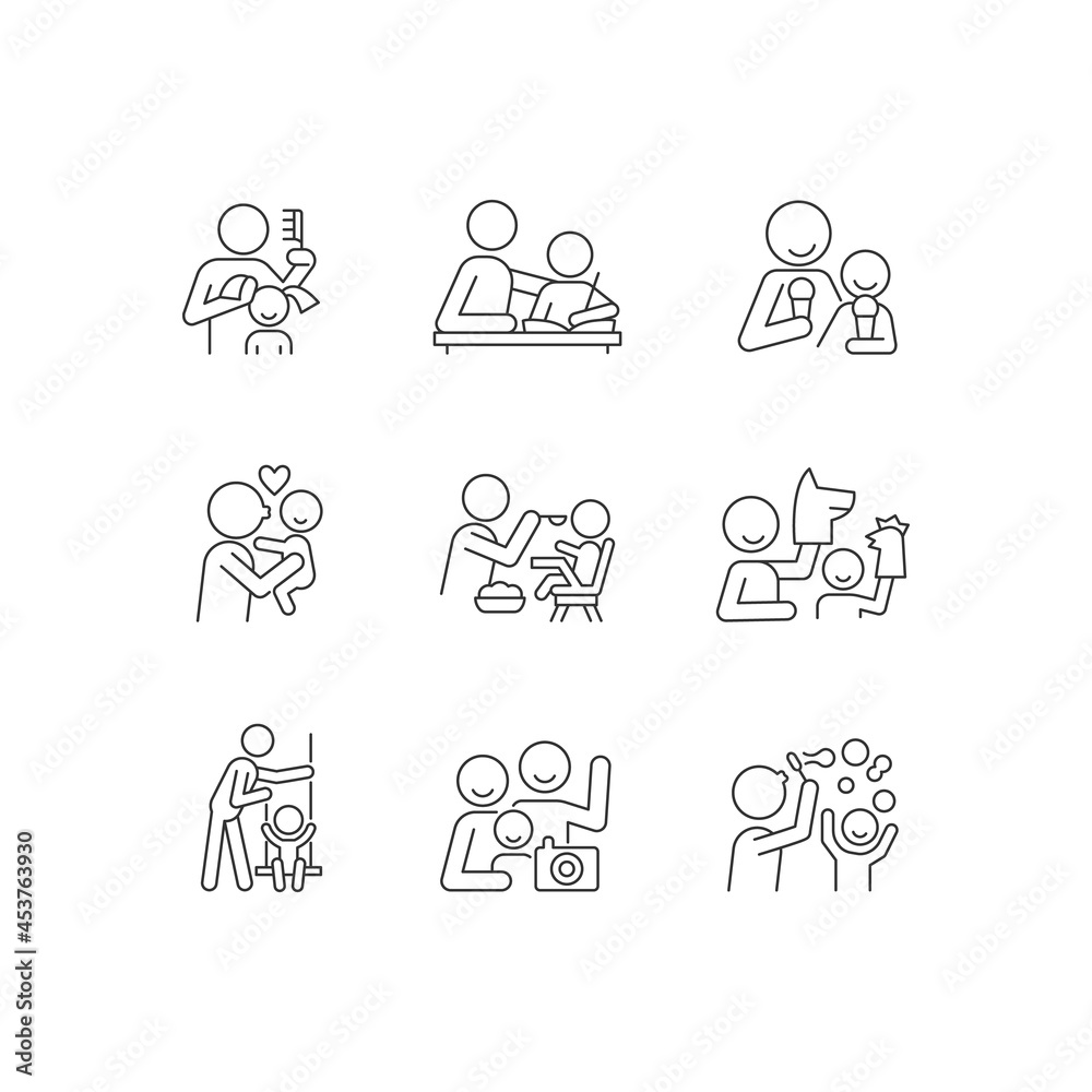 Bonding activity linear icons set. Braiding pigtails. Help with homework. Kissing child. Family photo. Customizable thin line contour symbols. Isolated vector outline illustrations. Editable stroke Bonding activity linear icons set. Braiding pigtails. Help with homework. Kissing child. Family photo. Customizable thin line contour symbols. Isolated vector outline illustrations. Editable stroke