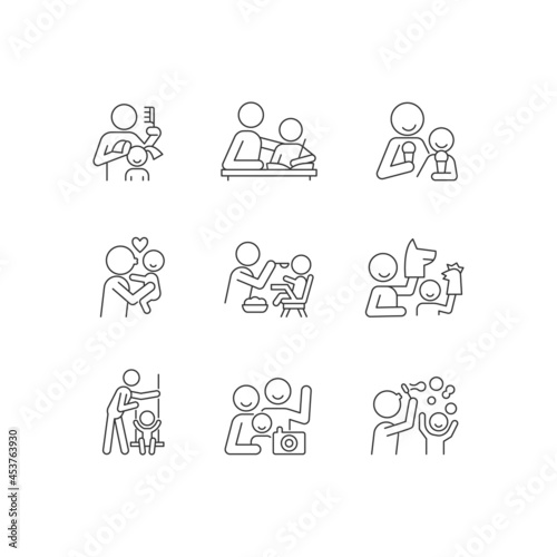 Bonding activity linear icons set. Braiding pigtails. Help with homework. Kissing child. Family photo. Customizable thin line contour symbols. Isolated vector outline illustrations. Editable stroke