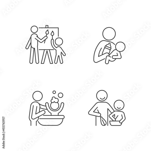 Parent-child bonding linear icons set. Painting together. Bottle feeding. Bathing child. Cooking class. Customizable thin line contour symbols. Isolated vector outline illustrations. Editable stroke