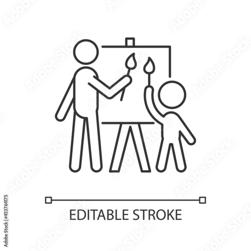 Painting with parent linear icon. Develop kid artistic skill. Exercising creativity. Art therapy. Thin line customizable illustration. Contour symbol. Vector isolated outline drawing. Editable stroke