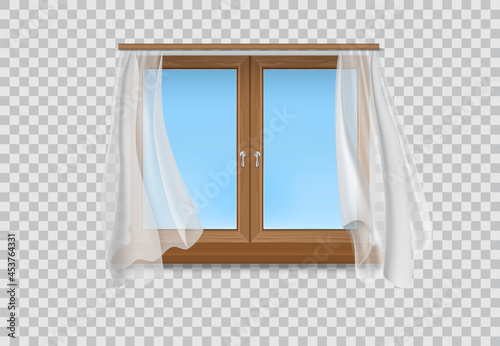 Realistic Detailed 3d Wooden Window Frame with White Curtains and Outside View on a Transparent Background. Vector illustration