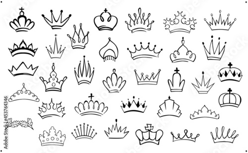 set of hand drawn doodle various outlined silhouette crowns, vector illustration graphic collection