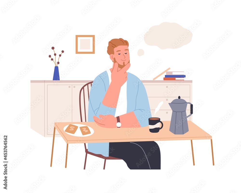 Relaxed thoughtful person imagining and dreaming of smth pleasant at home kitchen. Happy man resting in his thoughts, thinking and fantasizing. Flat vector illustration isolated on white background Relaxed thoughtful person imagining and dreaming of smth pleasant at home kitchen. Happy man resting in his thoughts, thinking and fantasizing. Flat vector illustration isolated on white background