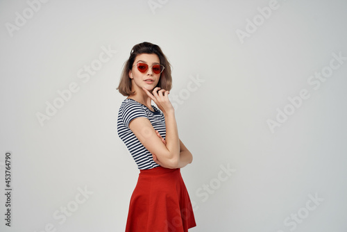 woman with fashionable hairstyle sunglasses posing fashion summer