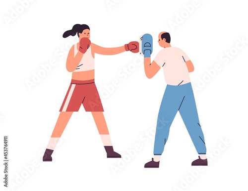 Person boxing, training to punch. Woman hitting handheld pad with fist in glove at box workout with trainer. Female boxer in shorts working out. Flat vector illustration isolated on white background