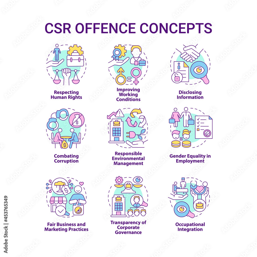 Corporate social responsibility offence concept icons set. Workplace rights. Voluntary policies and regulations idea thin line color illustrations. Vector isolated outline drawings. Editable stroke