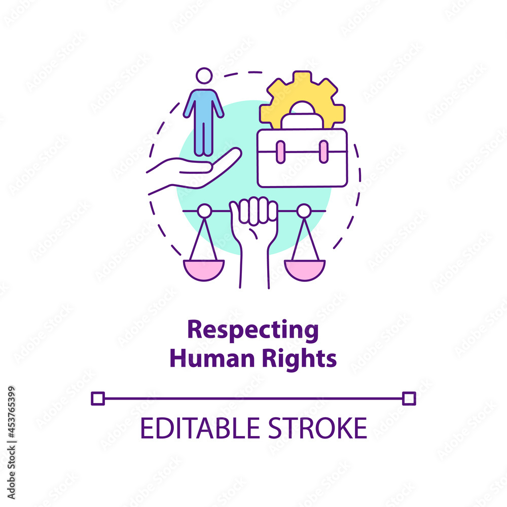 Respecting human rights concept icon. Corporate social responsibility abstract idea thin line illustration. Avoid abuse and discrimination. Vector isolated outline color drawing. Editable stroke