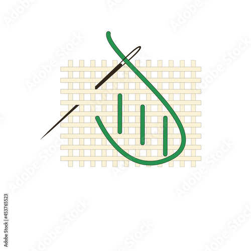 Fragment of embroidery on canvas. Embroidery on canvas. Green thread. Thread seam. Needlework. Hobby. Isolated on a white background. Flat style. Vector illustration