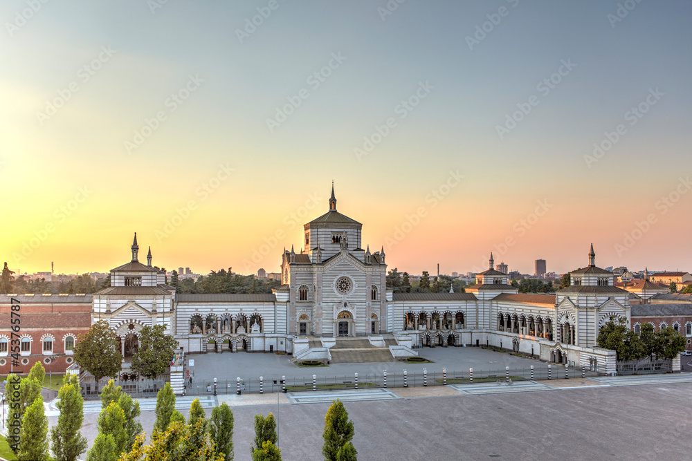 Fototapeta premium Elevated view of the Monumental Cemetery at sunset, Milan, Italy