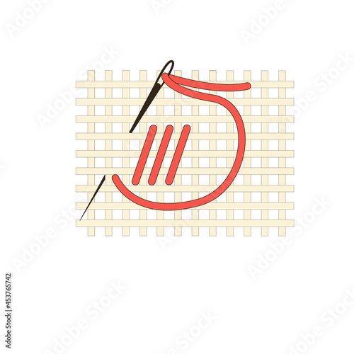 Fragment of embroidery on canvas. Embroidery on canvas. Red thread. Thread stitch. Isolated on a white background. Flat style. Vector illustration