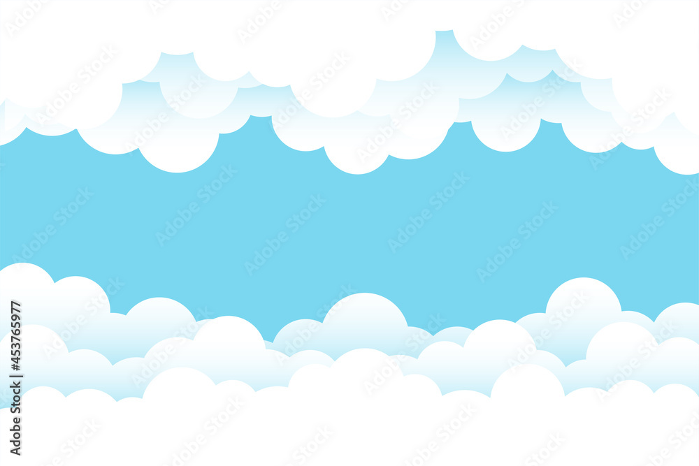 Soft white fluffy clouds cartoon border frame on top blue clear sky landscape outdoor banner background vector