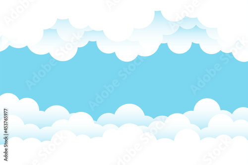Soft white fluffy clouds cartoon border frame on top blue clear sky landscape outdoor banner background vector