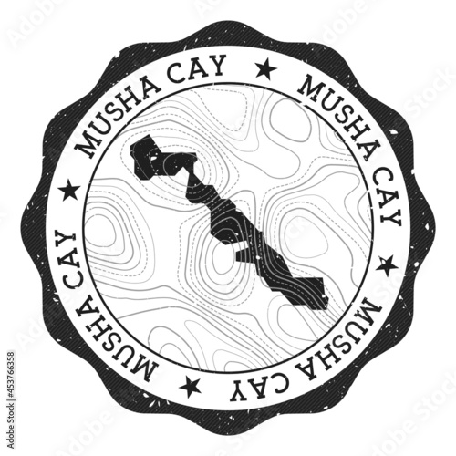 Musha Cay outdoor stamp. Round sticker with map of island with topographic isolines. Vector illustration. Can be used as insignia, logotype, label, sticker or badge of the Musha Cay. photo