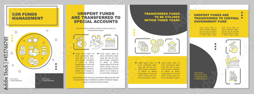 Corporate social responsibility funds yellow brochure template. Flyer, booklet, leaflet print, cover design with linear icons. Vector layouts for presentation, annual reports, advertisement pages