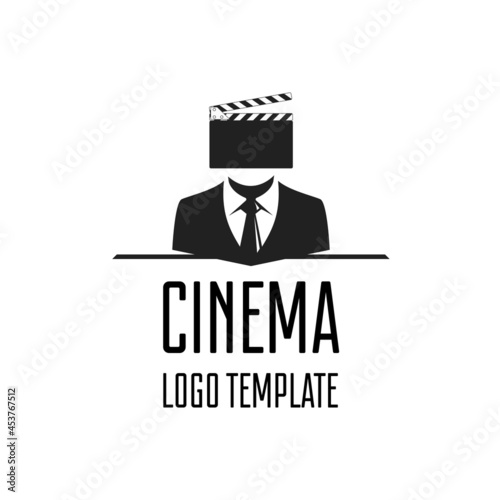 Movie clapperboard logo template. Open movie film Clapboard with man silhouette Icon. Logotype template of clapperboard, slapstick or filmmaking device. Vector illustration EPS 10.