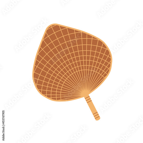 Japanese bamboo non-bending hand fan with wood handle. Asian raffia wall decor. Chinese wood object for air cooling. Flat vector illustration of oriental woven item isolated on white background