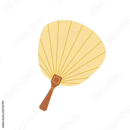 Asian shell-shaped hand fan with wood handle. Japanese traditional silk handheld object for air cooling. Japan souvenir item. Flat vector illustration isolated on white background