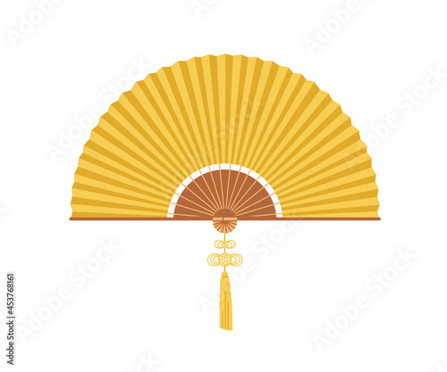 Asian folding hand fan with fringe. Japanese handheld bending paper object. Traditional oriental foldable accessory for air cooling. Flat vector illustration isolated on white background