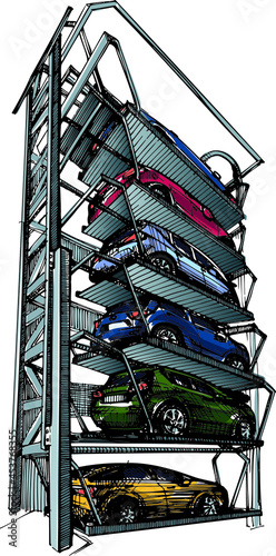 Six passenger cars parked in vertical parking lot - hand drawn sketch