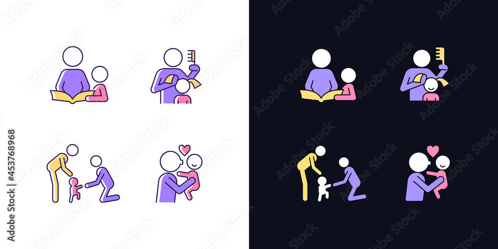 Fototapeta premium Family bonding time light and dark theme RGB color icons set. Storytelling. Brushing hair. Baby first steps. Isolated vector illustrations on white and black space. Simple filled line drawings pack