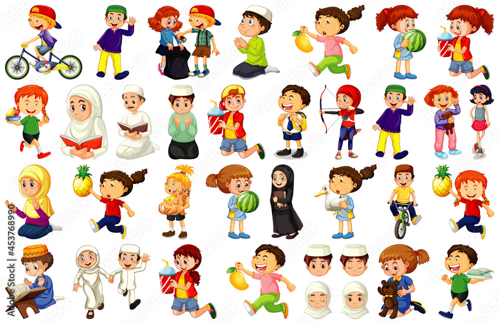 Children doing different activities cartoon character set on white background Children doing different activities cartoon character set on white background