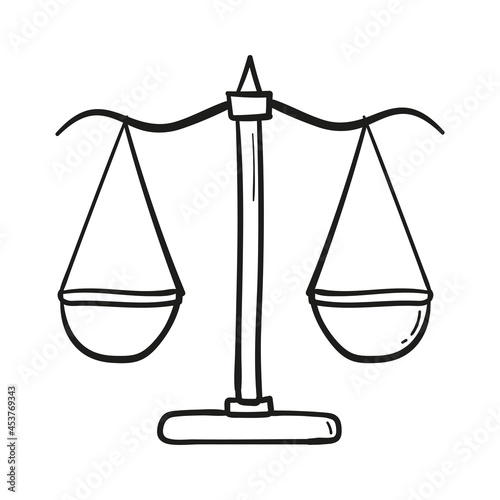 hand drawn justice scales icon in doodle style isolated