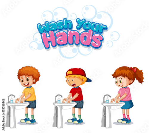 Wash your hands font design with kids washing their hands on white background