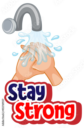 Stay Strong font design with virus spreads from shaking hands on white backgr...