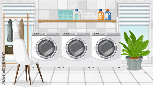 Laundry room scene with washing machine and clothes hanger