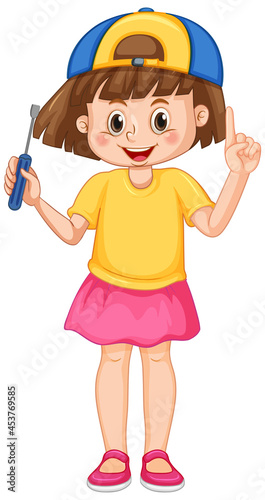 A girl holding screwdriver on white background