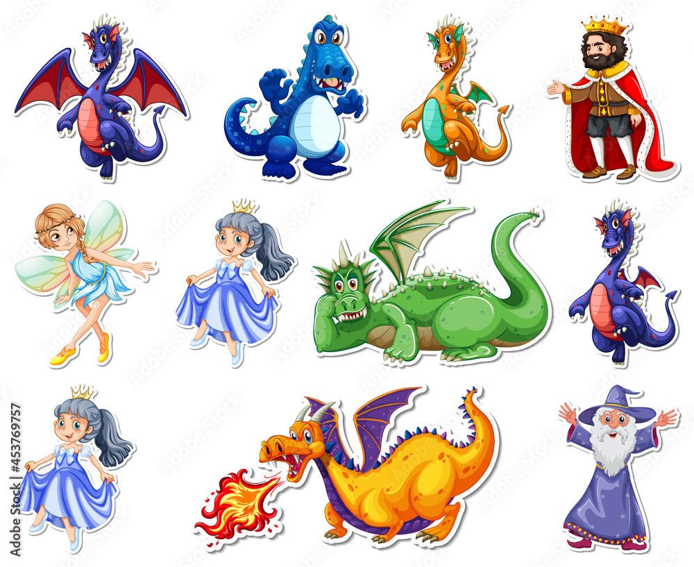 Sticker set with different fairytale cartoon characters Sticker set with different fairytale cartoon characters