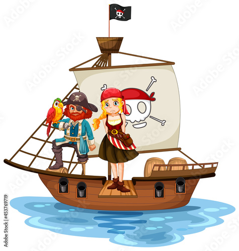 Pirate concept with a girl cartoon character walking the plank on the ship isolated