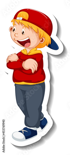 Sticker template with a boy cartoon character isolated