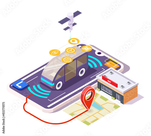 5g smart car on smartphone screen, city map with location pin, shop building, flat vector isometric illustration.