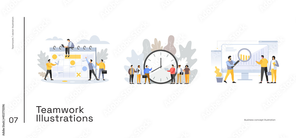 People on team are looking at growing cash flow charts. Term and time  concept. Deadline. Cartoon young people stand around dial of large clock.  Time management planning. Time is money. Stock Vector |