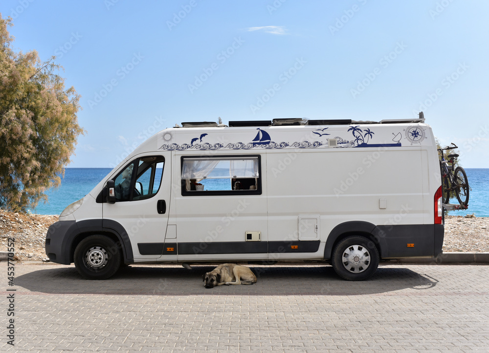 Motorhome is parked near sea beach. The owners left, leaving the dog to guard the van.