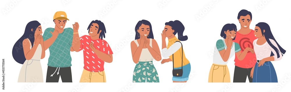 People gossiping, whispering, spreading rumors, telling secrets, flat vector isolated illustration. People gossiping, whispering, spreading rumors, telling secrets, flat vector isolated illustration.