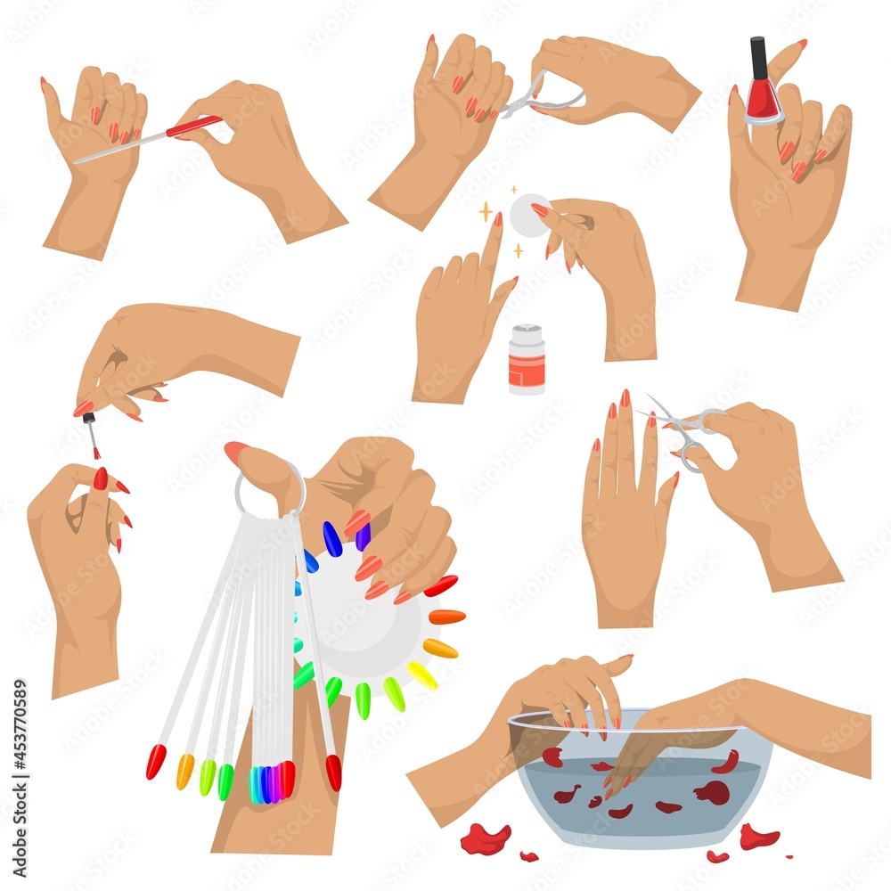 Manicure set, vector illustration. Hands and nails spa beauty treatment. Manicure tools. Nail art studio, salon services
